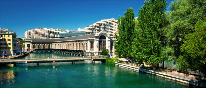 The Rhone issues into Lake Geneva in Geneva