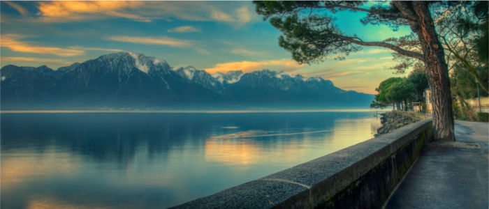 Lake Geneva with a view of the French Alps